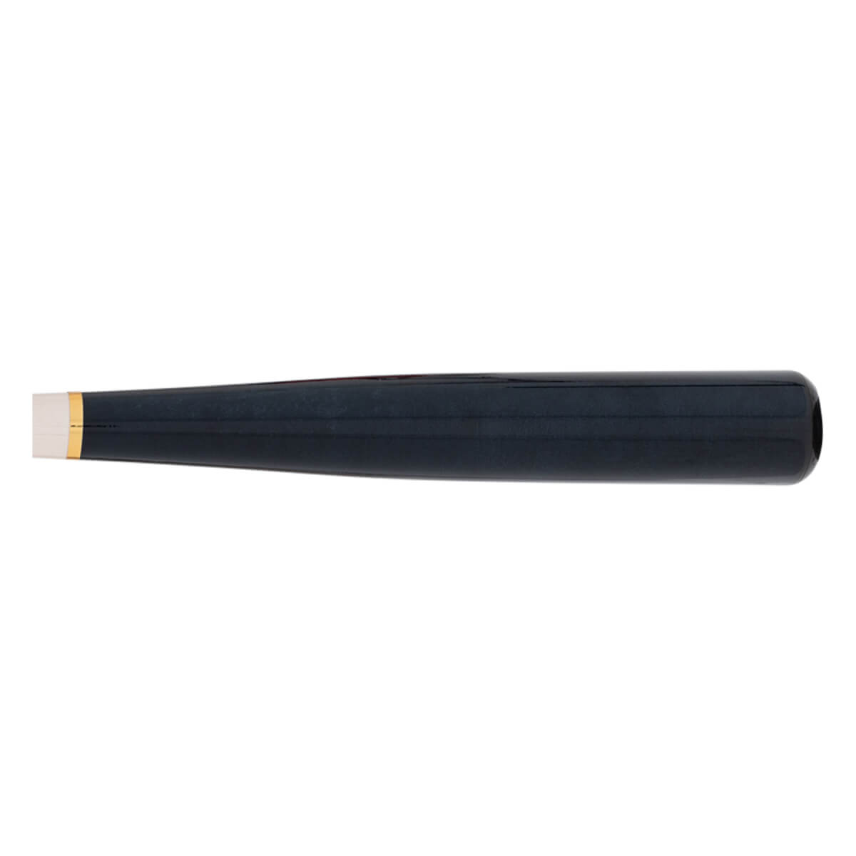 Side view of a dark blue baseball bat with a white knob and gold accent ring.