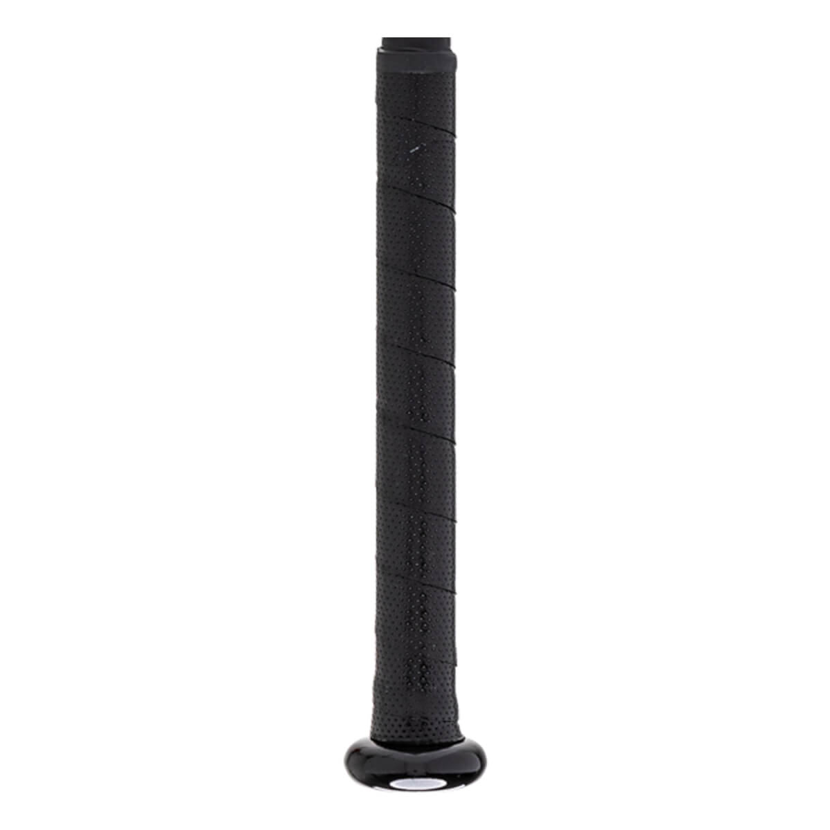 Close-up of a black baseball bat grip with a textured, perforated surface and a shiny black end cap.