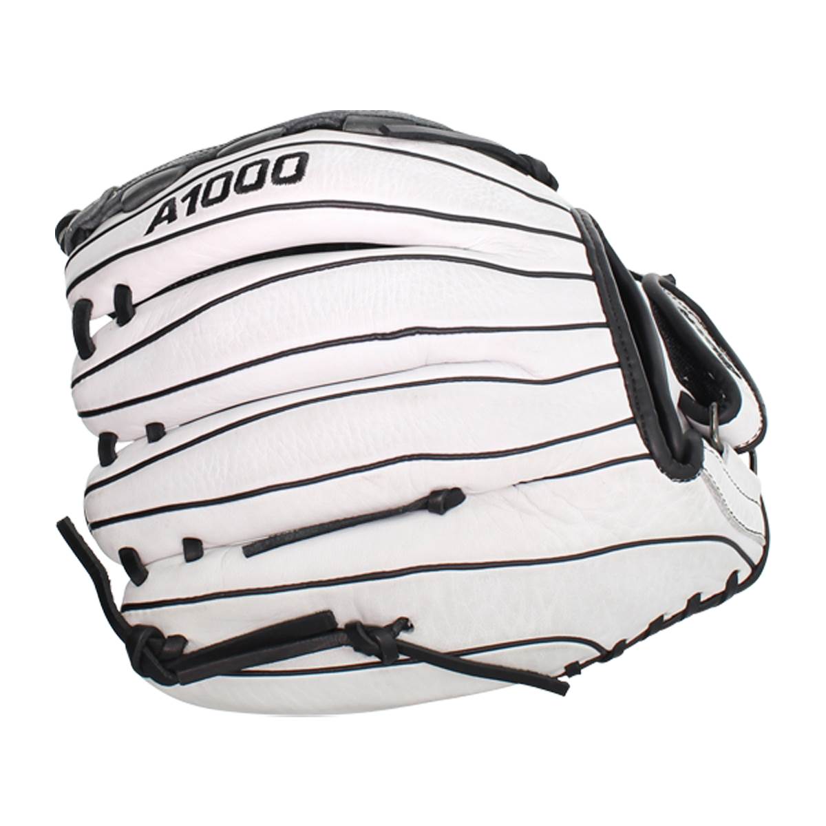 Top-down view of a white softball glove with black pinstripes and A1000 branding.