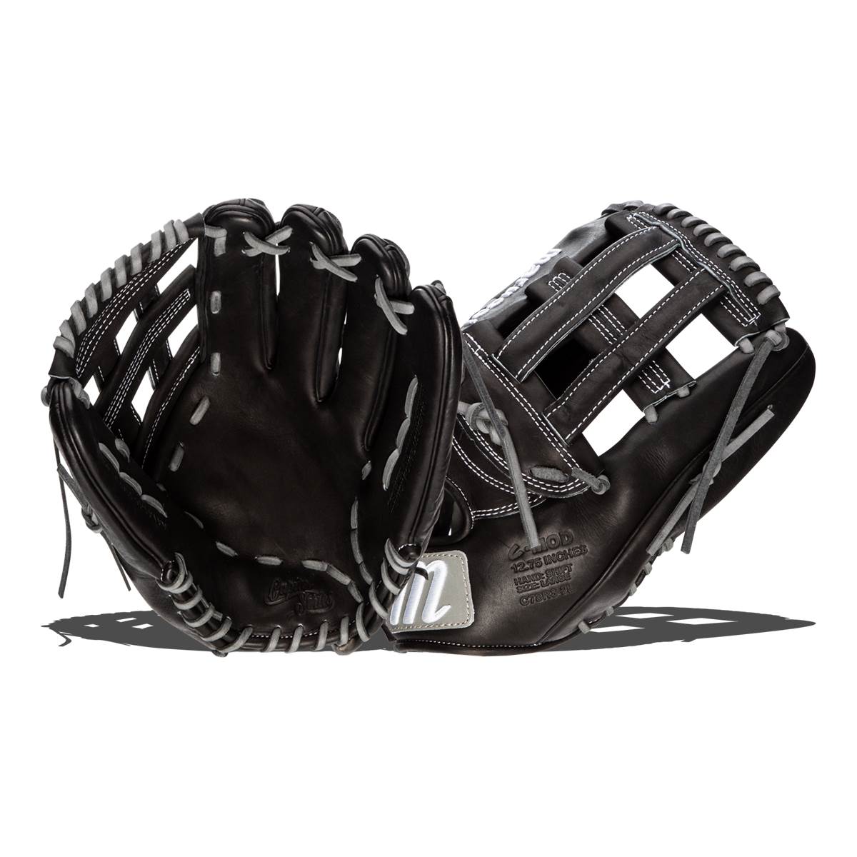 Side view of black baseball gloves with white stitching and a large M logo.