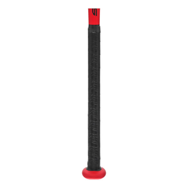 Side view of a black slow pitch softball bat with a red end cap and red branding on the handle.