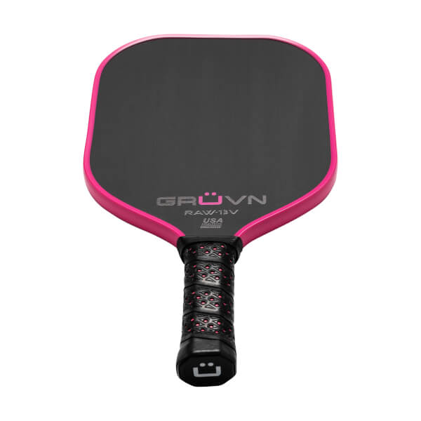Front view of a black pickleball paddle with a pink edge, GRUVN RAW-13V text, and a textured grip.