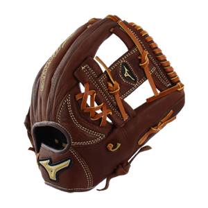 Top-down view of a brown baseball glove with tan lacing and gold Mizuno logos.