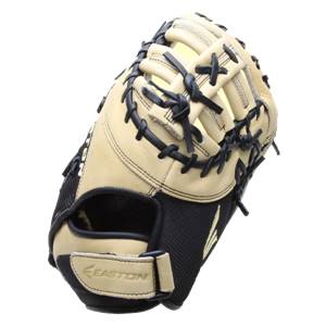 Top-down view of a tan and black first base mitt with black lacing and an Easton logo.
