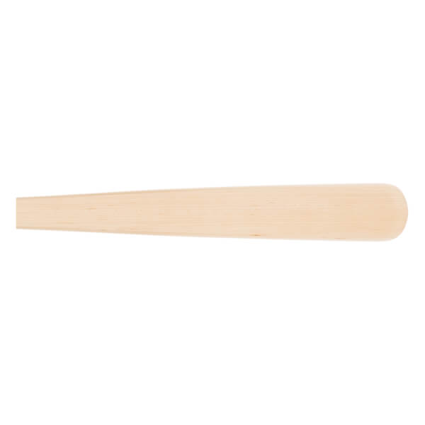 Close-up of a natural wood baseball bat showing the rounded barrel end and smooth wood grain.