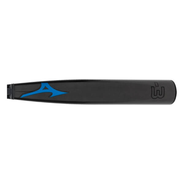 Side view of a black baseball bat with a blue Mizuno Runbird logo on the taper and a blue stylized graphic on the barrel.