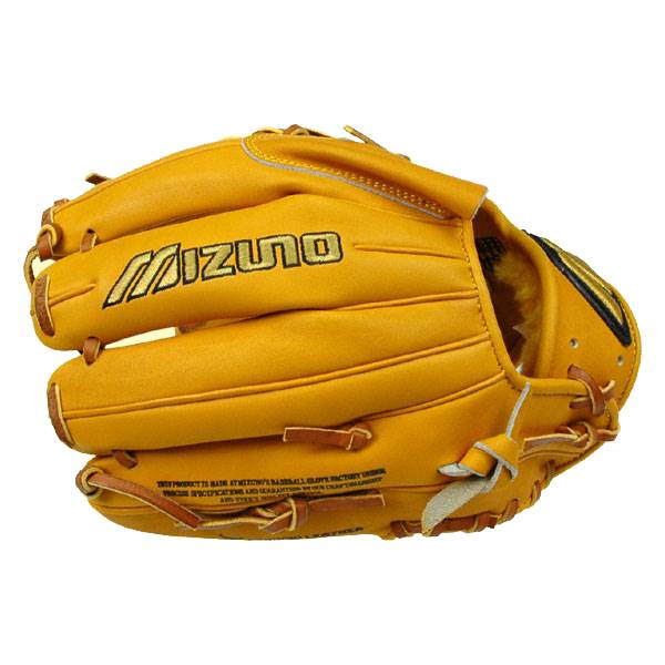 Front view of a tan Mizuno baseball glove with MIZUNO logo and leather lacing.