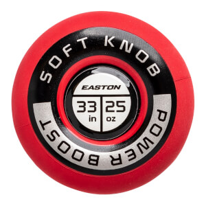 Top-down view of a red softball bat knob with a central Easton logo, 33 in 25 oz text, and SOFT KNOB POWER BOOST around the edge.