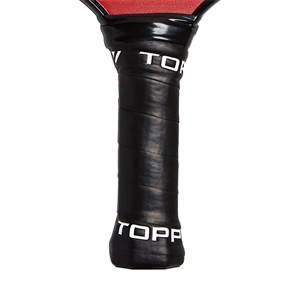 Close-up of a black pickleball paddle grip with white TOPP branding.