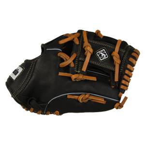Top-down view of a black baseball glove with tan lacing and a diamond logo.
