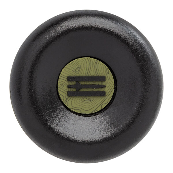 Top-down view of a black baseball bat end cap with a green topographic pattern and a black triple-bar logo.