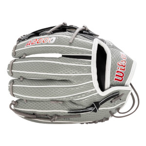 Back view of a grey Wilson A2000 Super SnakeSkin softball glove featuring white welting and red-outlined A2000 and Wilson logos.