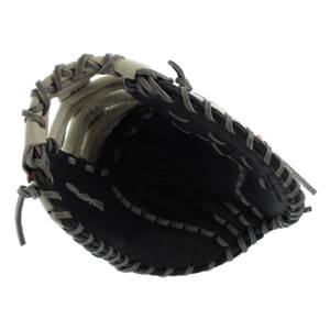 Top-down view of a black and tan baseball first base mitt with grey lacing and a deep pocket.
