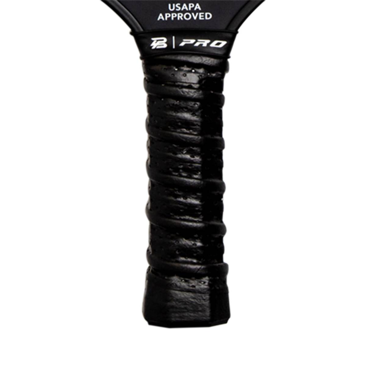 Close-up of a black pickleball paddle grip with B | PRO logo and USAPA APPROVED text.