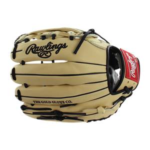 Front view of a tan baseball glove with black laces, Rawlings branding, and THE GOLD GLOVE CO. text.