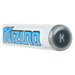 Side view of a white softball bat with blue MIZUNO text and a black end cap with Mizuno logo.