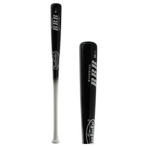 Side view of a black and white baseball bat with BBB and BambooBat branding.