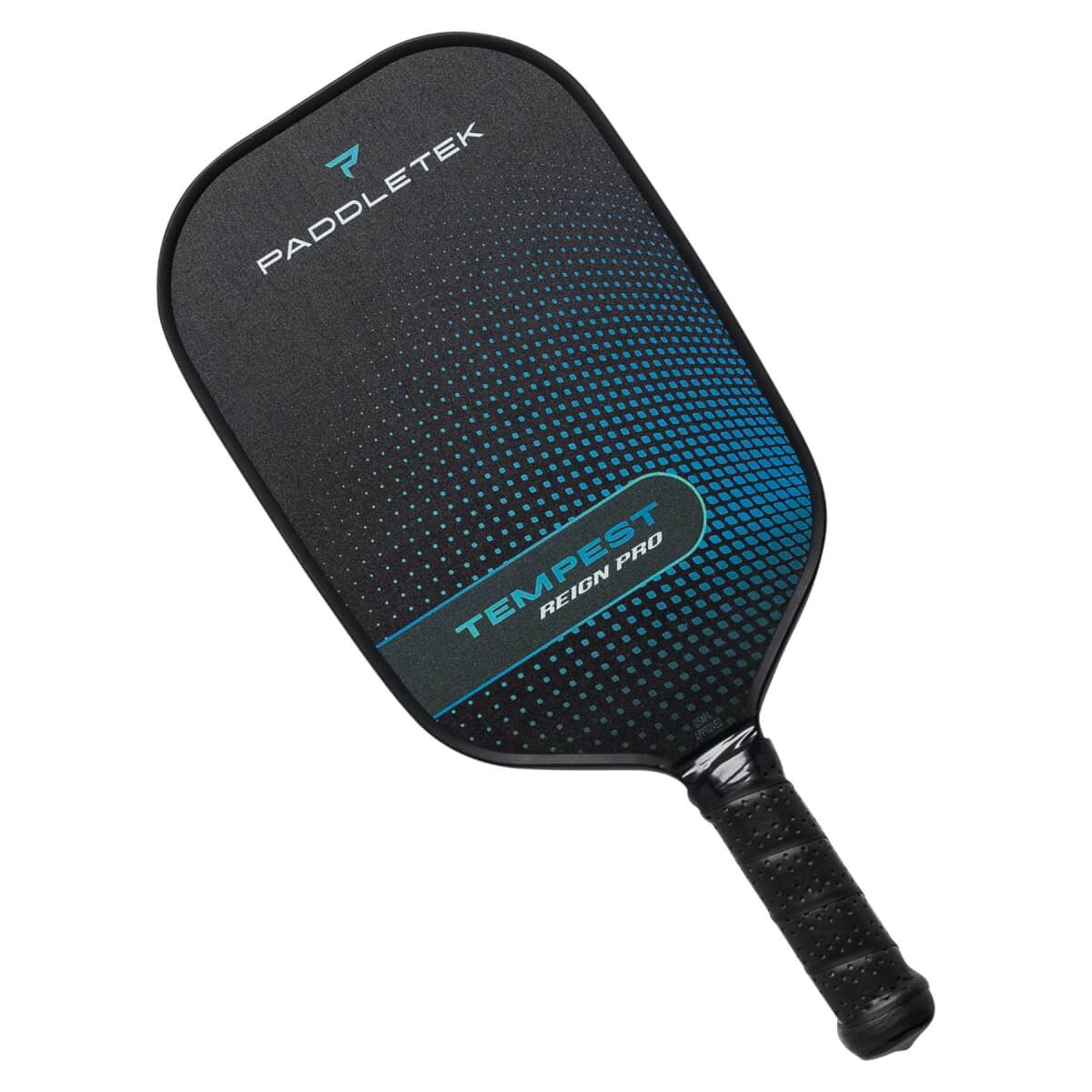 Top-down view of a black pickleball paddle with blue dot pattern and TEMPEST REIGN PRO text.