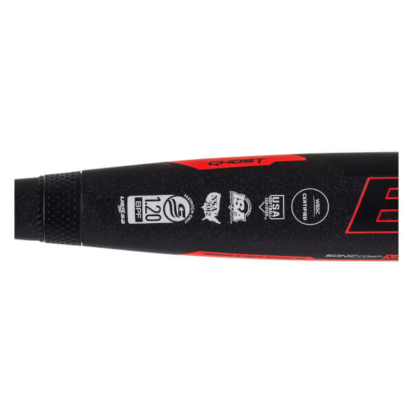 Close-up of a black fastpitch softball bat with GHOST in red and multiple certification stamps.