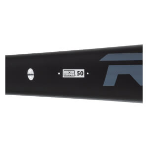Side view of a black baseball bat with BBCOR CERTIFIED .50 text and a gray logo.