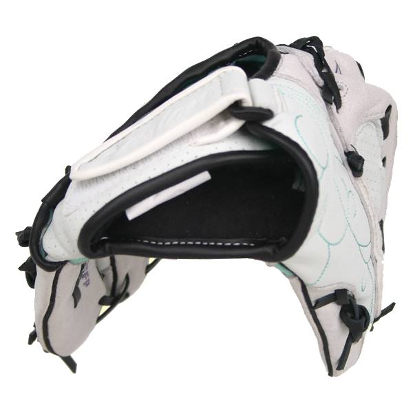 Top-down view of a white fastpitch glove with black lacing and teal stitching.