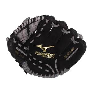 Top-down view of a black baseball glove with gold PROSPECT SELECT logo and white stitching.