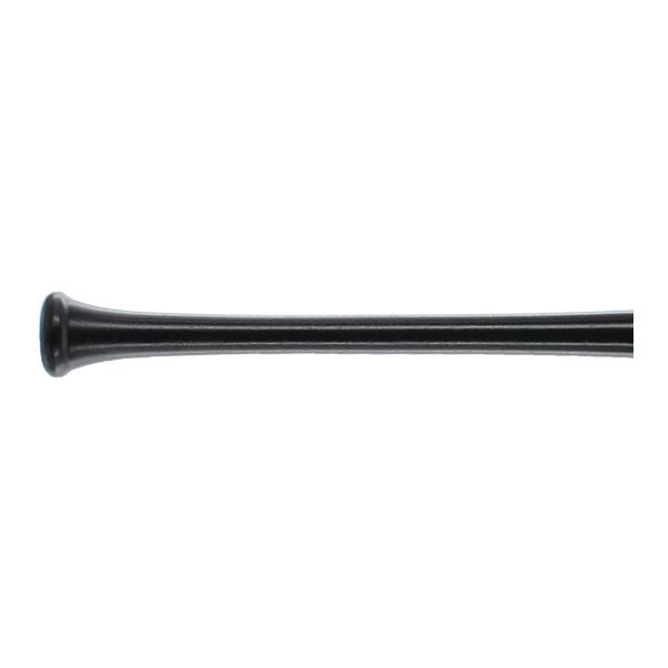 Side view of a black baseball bat with a smooth finish and tapered handle.