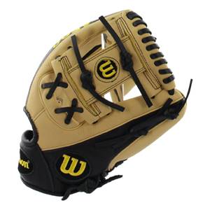 Side view of a tan and black Wilson baseball glove with yellow Wilson logos and black lacing.