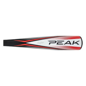 Side view of a black baseball bat with red and white PEAK branding and Rawlings logo.