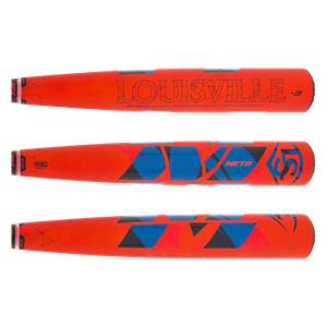 Top-down view of three orange baseball bats with black and blue graphics.