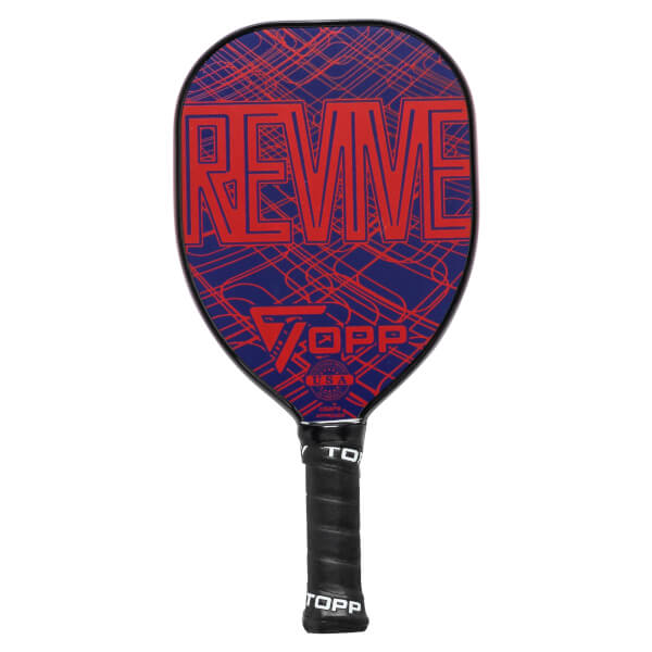Front view of a blue pickleball paddle with red REVIVE text and TOPP logo.