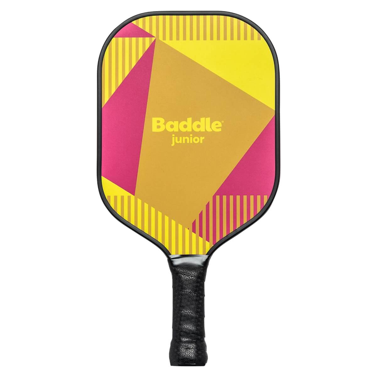 Front view of a yellow pickleball paddle with pink geometric accents and Baddle junior text.