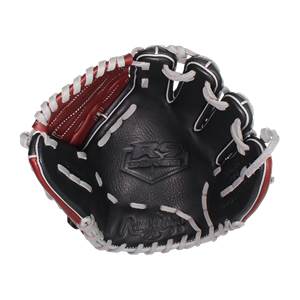 Front view of a black baseball glove with red accents, R9 SERIES logo, and Rawlings text.