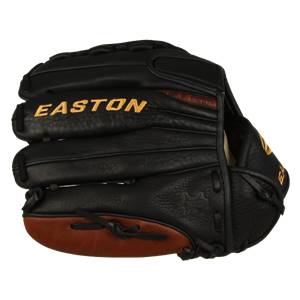 Front view of a black Easton fastpitch glove with gold lettering and brown leather accents.