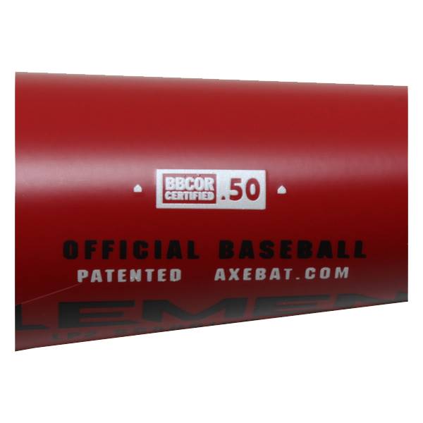 Close-up of a red baseball bat with BBCOR Certified .50, Official Baseball, Patented, and AxeBat.com text.