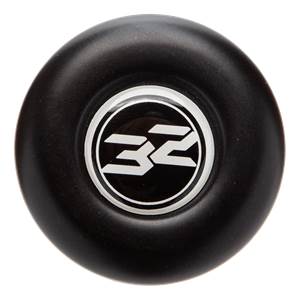 Top-down view of a black baseball bat end cap with a white 32 logo.
