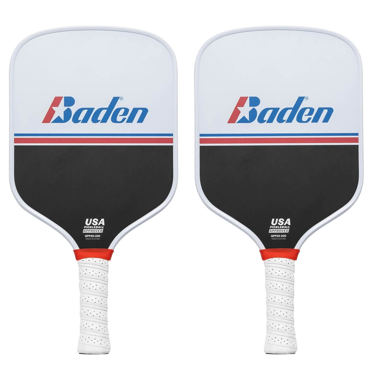 Front view of two Baden pickleball paddles with white and black color-blocked faces, red accents, white perforated grips, and "USA PICKLEBALL APPROVED" text.