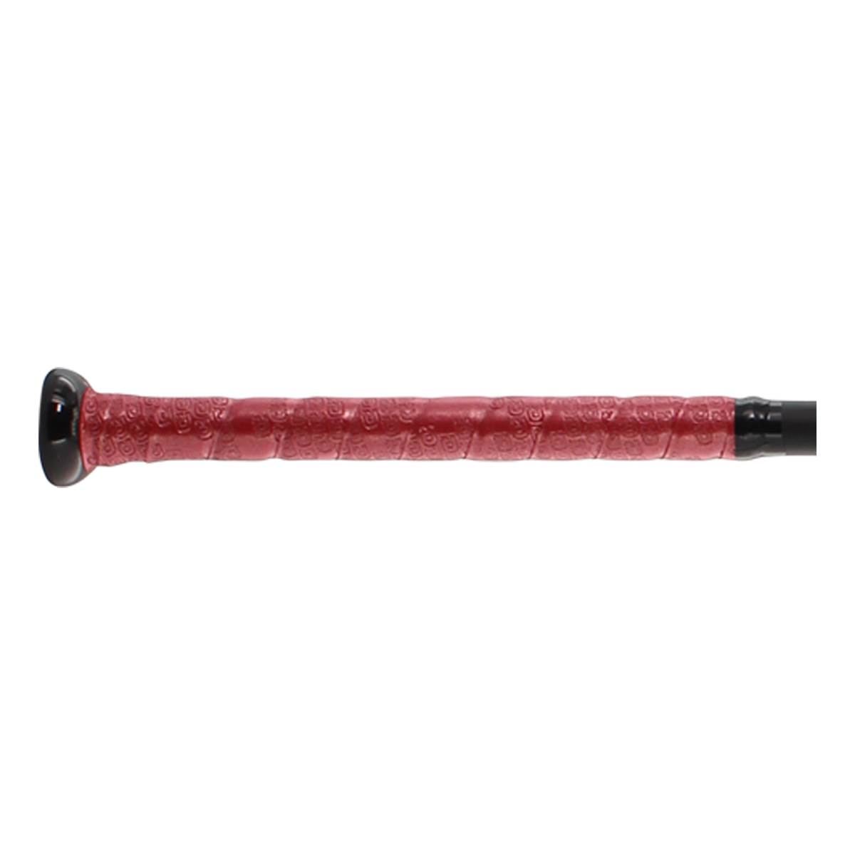 Close-up of a red bat grip with a textured pattern and black end cap.