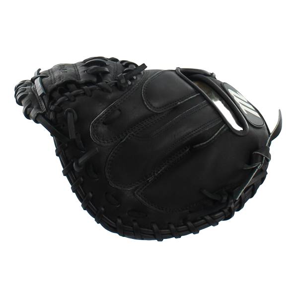 Side view of a black catchers mitt with white Marucci branding and detailed lacing.