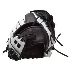 Side view of a black and white softball glove with a stitched palm and lacing detail.