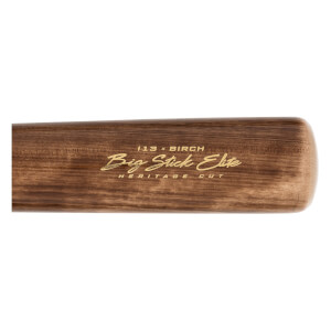 Side view of a brown wood baseball bat with gold Big Stick Elite and Heritage Cut branding.