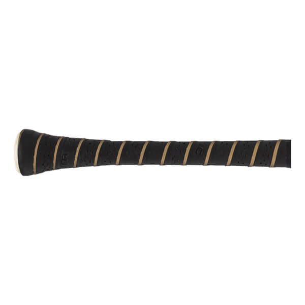Close-up of a black baseball bat grip with tan diagonal stripes, a perforated texture, and the Warstic logo.