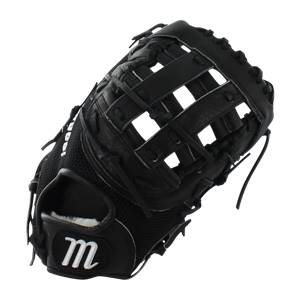 Top-down view of a black baseball glove with a mesh back and white m logo.