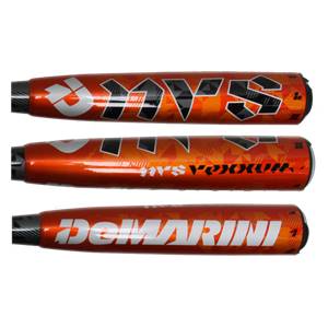 Three views of an orange DeMarini Vexxum NVS BBCOR baseball bat with black and white branding.
