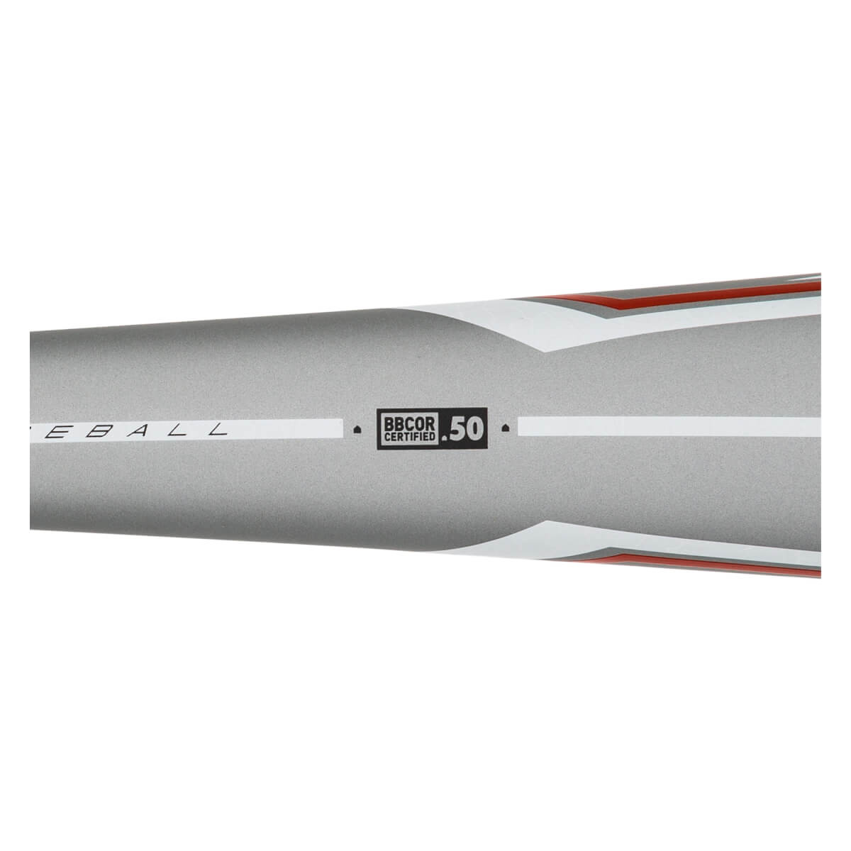 Close-up of a silver baseball bat with white and red stripes, and a BBCOR CERTIFIED .50 label.