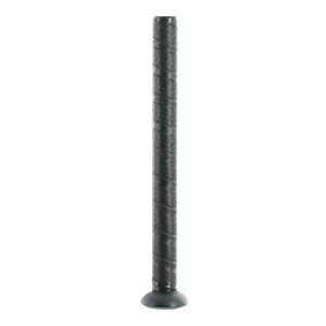 Side view of a black baseball bat with a textured grip and a blue end cap.