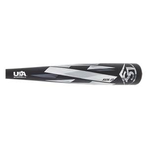 Top-down view of a black baseball bat with USA BASEBALL logo, SOLO text, and a silver graphic design.