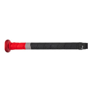 Close-up side view of a baseball bat handle with a red knob, red and black textured grip, silver band, and FLOW branding.