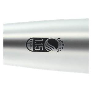 Close-up of a silver baseball bat with a black BPF 1.15 logo and USSSA text.