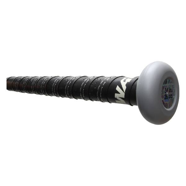 Side view of a black softball bat with a textured grip and gray end cap showing 34 in. 26 oz.